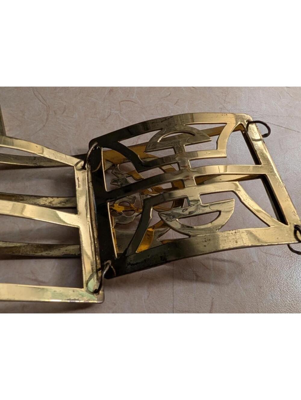 Vintage Gold Brass Metal Geometric Statement Belt Chinese Characters Accessory - Picture 7 of 8